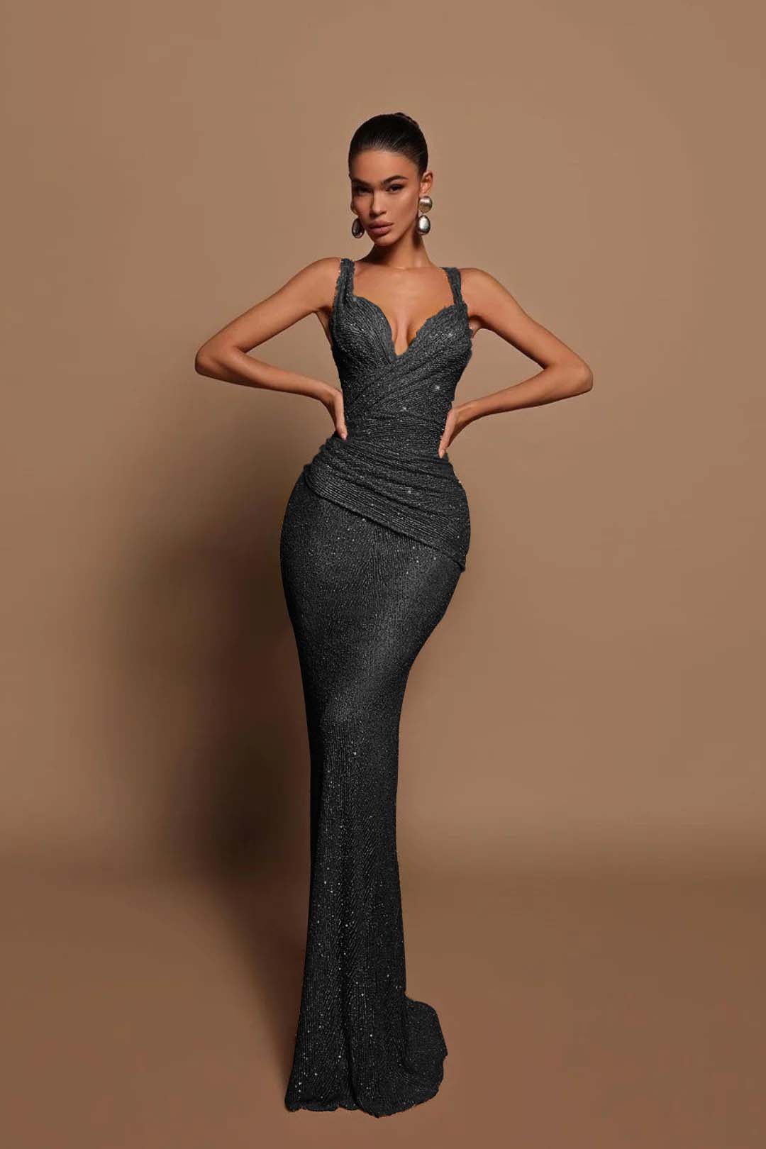 Sexy Pink Long Sequins Formal Dress V Neck Mermaid Sleeveless