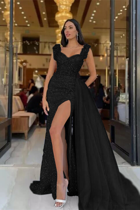 Newinlook Modern Slit Sky Blue Sweetheart Sequins Straps Mermaid Evening Dress Tulle With Detachable Ruffles