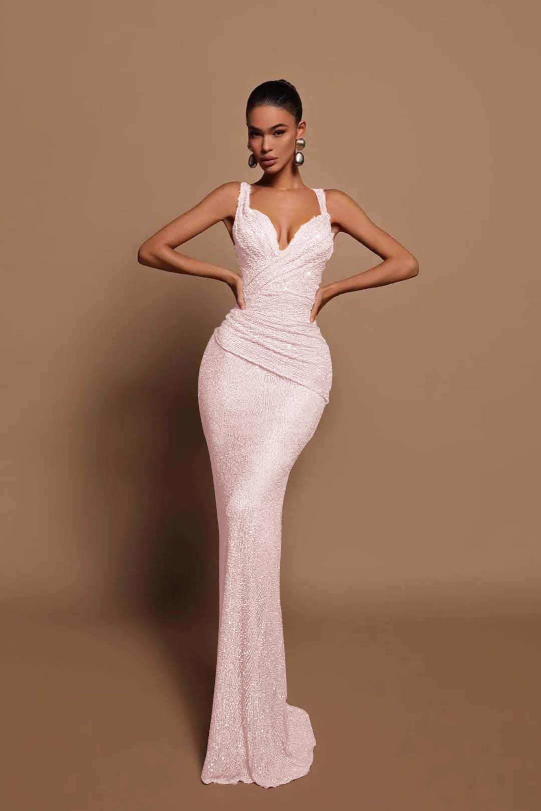 Sexy Pink Long Sequins Formal Dress V Neck Mermaid Sleeveless