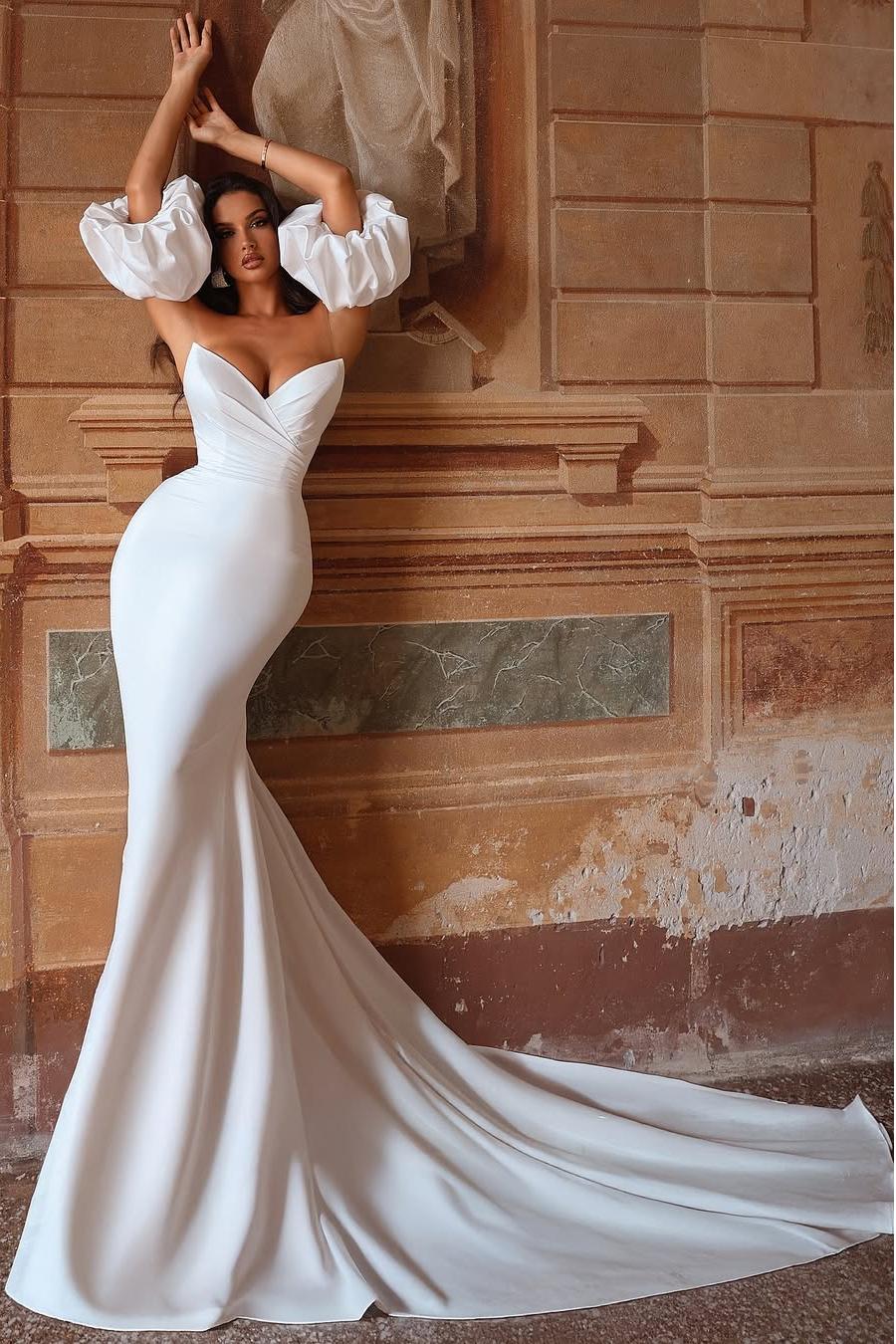 Strapless Bubble Sleeves Long Mermaid Formal Dress With Pleated