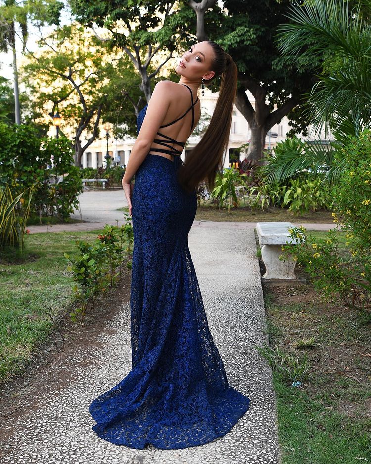 Newinlook Navy Blue Mermaid Lace Evening Dress Newinlook Navy Blue Mermaid Lace Evening Dress
