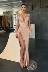 Newinlook V-Neck Sequins Sleeveless Evening Dress Mermaid With Split