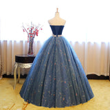 Ball Gown Strapless Embroidery Pearl Dark Blue Formal Prom Dresses