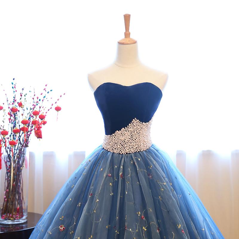 Ball Gown Strapless Embroidery Pearl Dark Blue Formal Prom Dresses