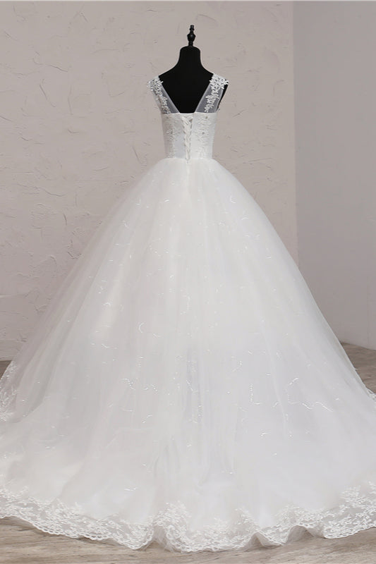 Ball Gown V-Neck White Tulle Wedding Dresses Sleeveless Lace Appliques Bridal Gowns with Beadings