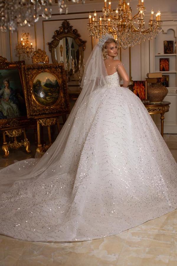 Ball Gown Wedding Dress Sheer Top With Crystal Beads