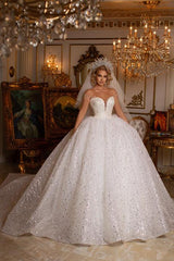 Ball Gown Wedding Dress Sheer Top With Crystal Beads