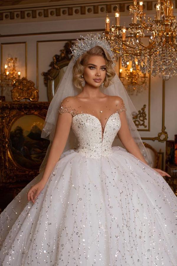 Ball Gown Wedding Dress Sheer Top With Crystal Beads