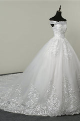 Ball Gown White Tulle Sleeveless Wedding Dresses Off-the-Shoulder Lace Appliques Bridal Gowns
