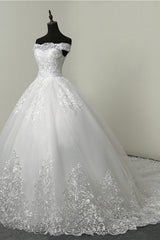 Ball Gown White Tulle Sleeveless Wedding Dresses Off-the-Shoulder Lace Appliques Bridal Gowns