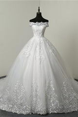 Ball Gown White Tulle Sleeveless Wedding Dresses Off-the-Shoulder Lace Appliques Bridal Gowns