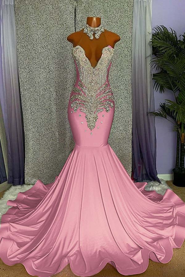 Newinlook Pink Sleeveless Beading Mermaid Evening Dress