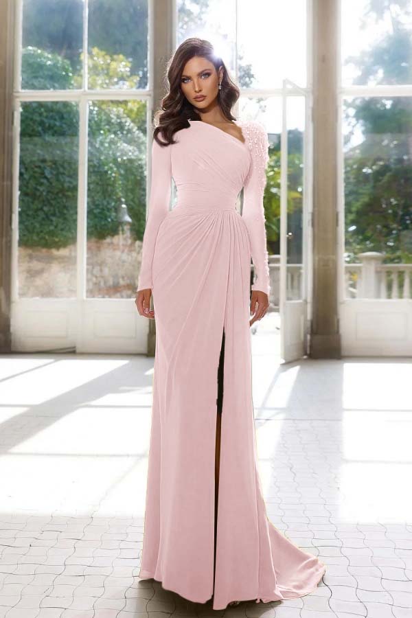 Elegant Long Sleeves Yellow Formal Dress Asymmetric Pleated Split