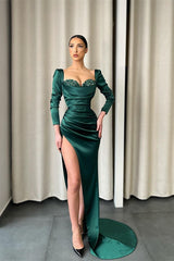 Newinlook Dark Green Long Sleeves Evening Dress Split With Sequins