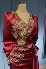 Newinlook Burgundy Mermaid Long Sleeves Beads Ruffles Evening Dress With Appliques