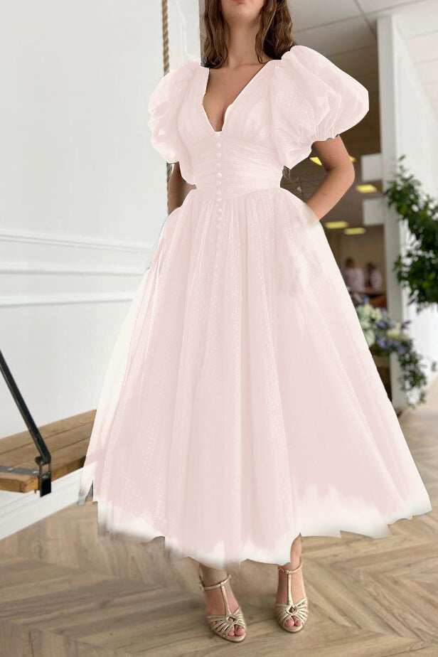 Newinlook Dark Green Evening Dress A-Line With Short Sleeves V-Neck