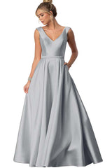 Straps V Neck Sleeveless Long Formal Dress With Pockets Pleated