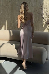 Charming Strapless Sleeveless Tea Length Formal Dress With Pleated