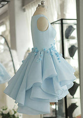 Be Elegant in a Satin Homecoming Dress Ball Gown Bateau Short/Mini With Appliqued