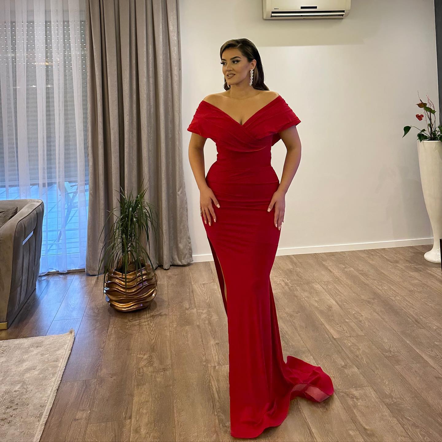 Beautiful Floor-Length V-Neck Off-The-Shoulder Mermaid Ruby Prom Dress Newinlook Beautiful Floor-Length V-Neck Off-The-Shoulder Mermaid Ruby Prom Dress Newinlook