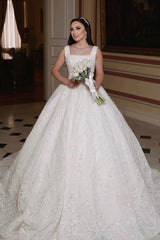 Lovely Long Ivory A-line Sleeveless Wedding Dress With Beaded Lace