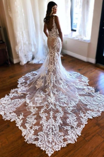 Beautiful Long Mermaid V-neck Sleeveless Lace Backless Wedding Dress w Newinlook Beautiful Long Mermaid V-neck Sleeveless Lace Backless Wedding Dress w Newinlook