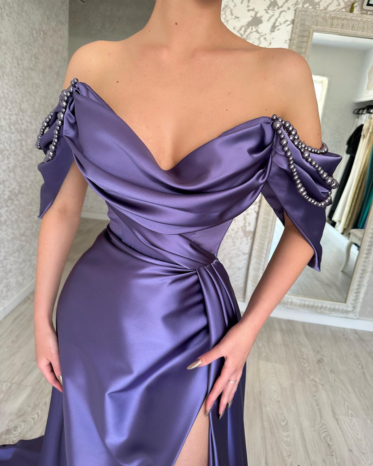 Beautiful Long Purple A-line Prom Dress with Off-the-shoulder Sleeveless Design and High Slit