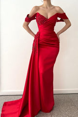Beautiful Long Red Mermaid Off-the-Shoulder Lace Prom Dress