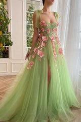 Stunning Spaghetti Straps Sleeveless A-Line Soft Net Evening Gown with Front Split