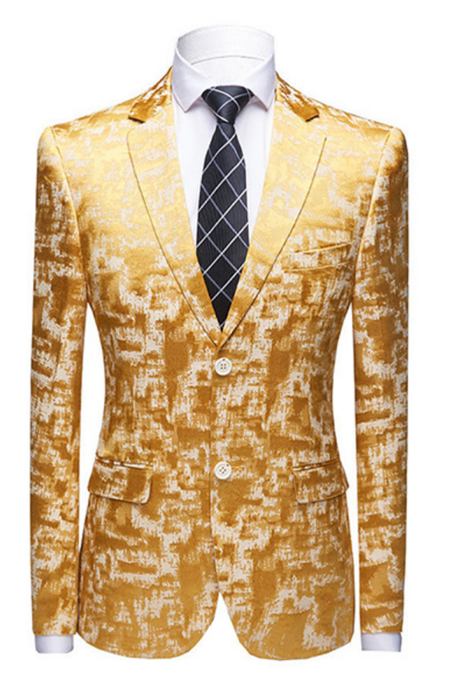 Newinlook Handsome Printed Western Wedding Suit with Bright Gold Notched Lapel