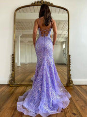 Spaghetti Strap Backless Sleeveless Mermaid Long Formal Dress With Appliques