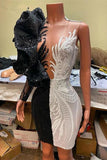 Black and White Short Prom Dress Sequins Lace