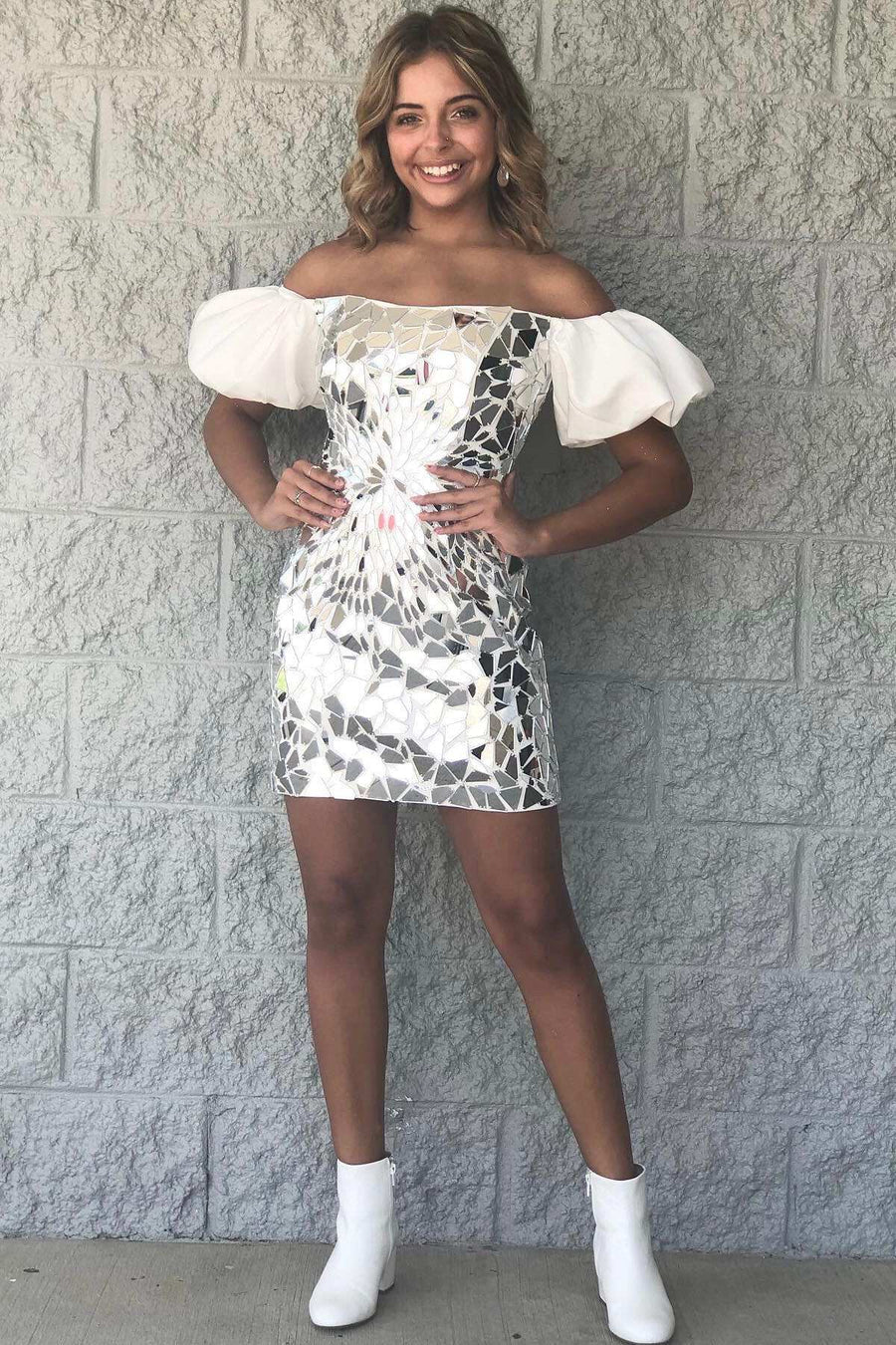 cut glass homecoming dress This tight short homecoming dress features hater neckline and sequins. FancyVestido