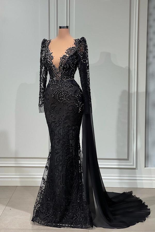 Black Lace Long Sleeves Prom Dress Mermaid With Beads – Newinlook