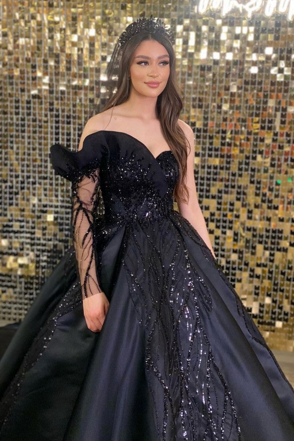 Black Long Sleeve Prom Dress One Shoulder Ball Gown With Beads Newinlook Black Long Sleeve Prom Dress One Shoulder Ball Gown With Beads Newinlook