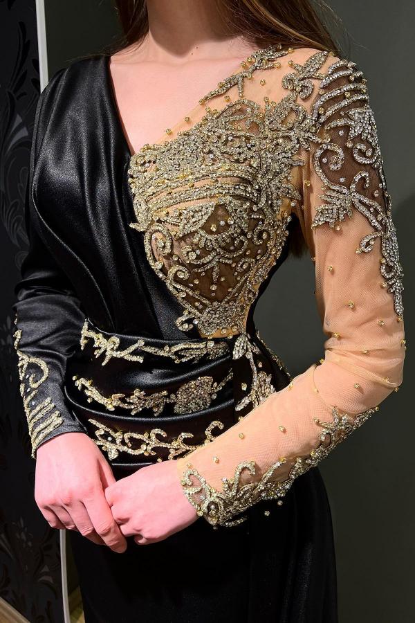 black and gold long sleeve prom dress Mermaid Black Gold Long Sleeve Dress Gold Mermaid Prom Dress Elegant Black Gold Long Dress Black Gown