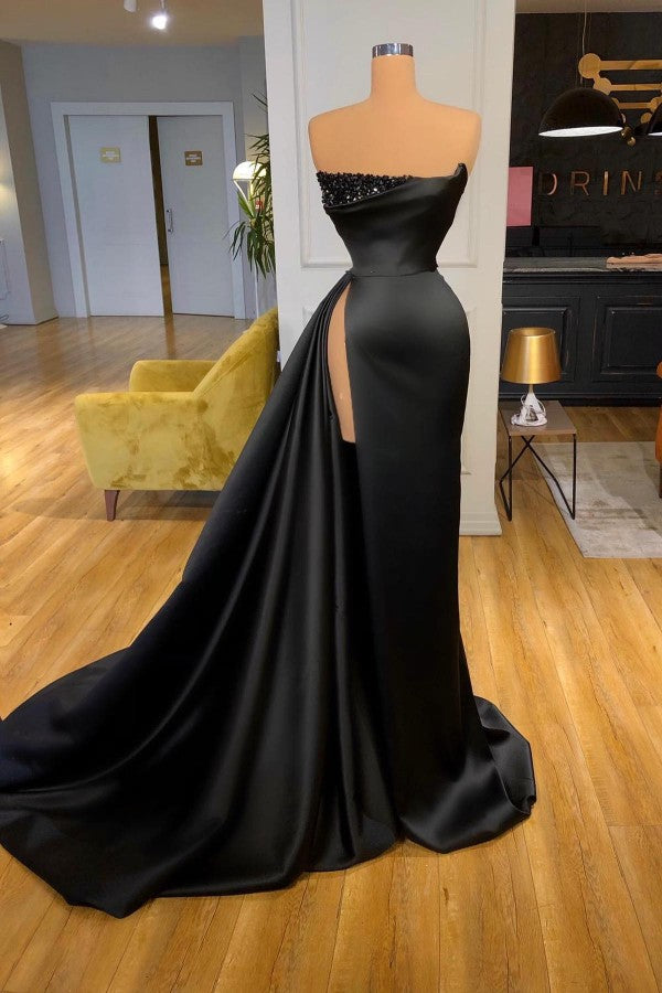 Black Prom Dress Mermaid Strapless High Split Long