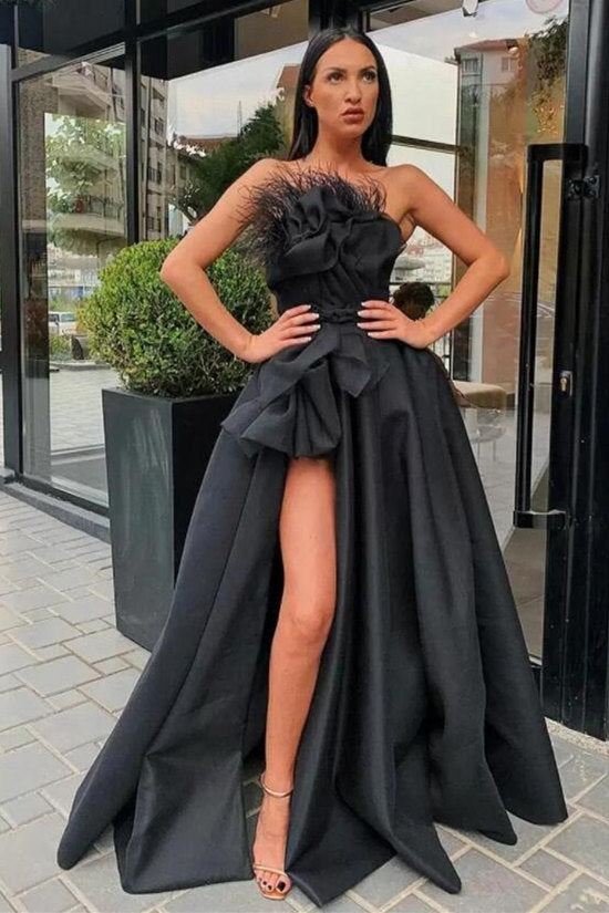 Black Prom Dress Split Long With Feather