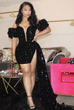 Black Sequins Hi-Lo Prom Dress Off-the-Shoulder Long