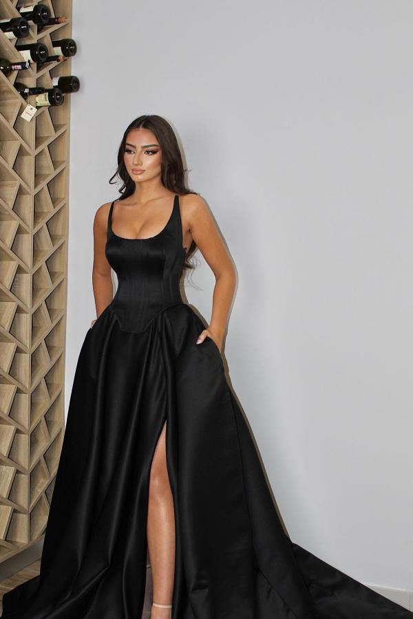 Black Square Prom Dress Sleeveless With Pockets