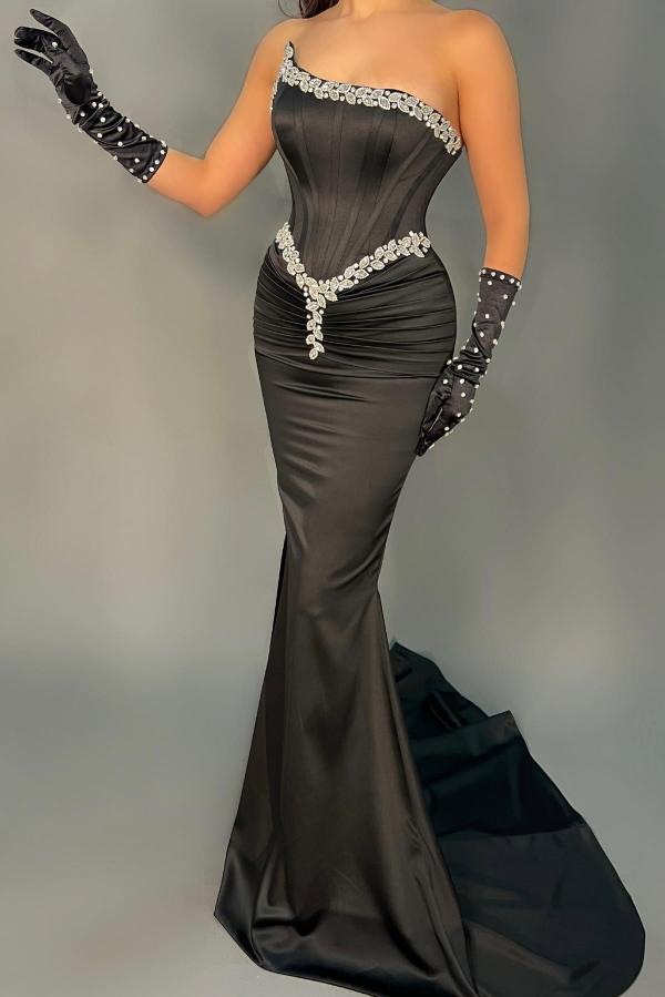 Black Strapless Mermaid Prom Dress Long With Beads
