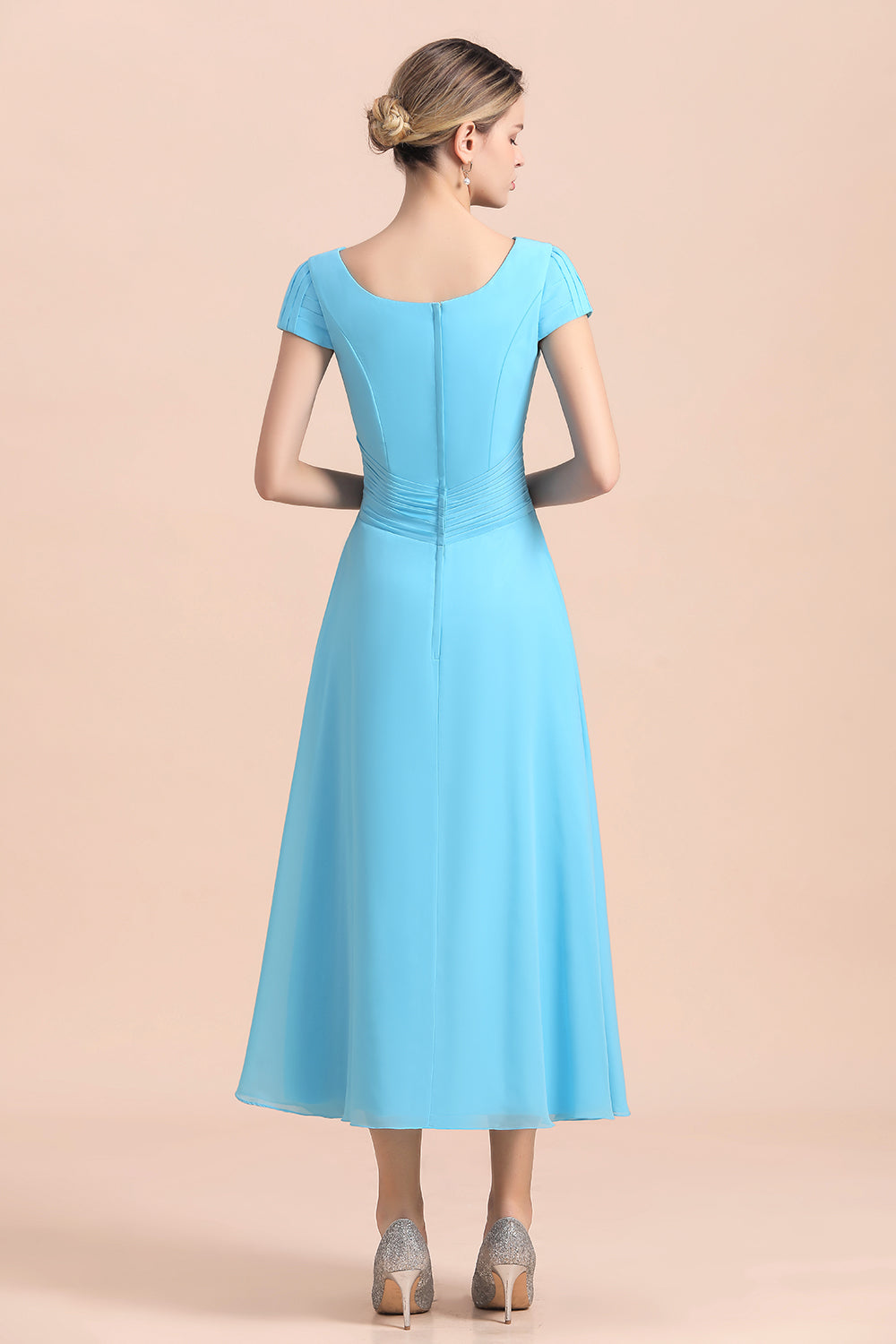 Blue Short Sleeves Chiffon Mother of the Bride Dress Tea-Length Online