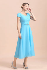 Blue Short Sleeves Chiffon Mother of the Bride Dress Tea-Length Online