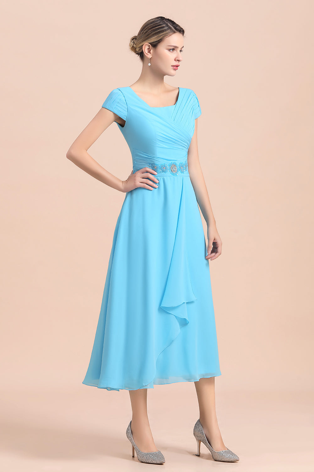 Blue Short Sleeves Chiffon Mother of the Bride Dress Tea-Length Online