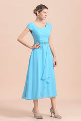 Blue Short Sleeves Chiffon Mother of the Bride Dress Tea-Length Online
