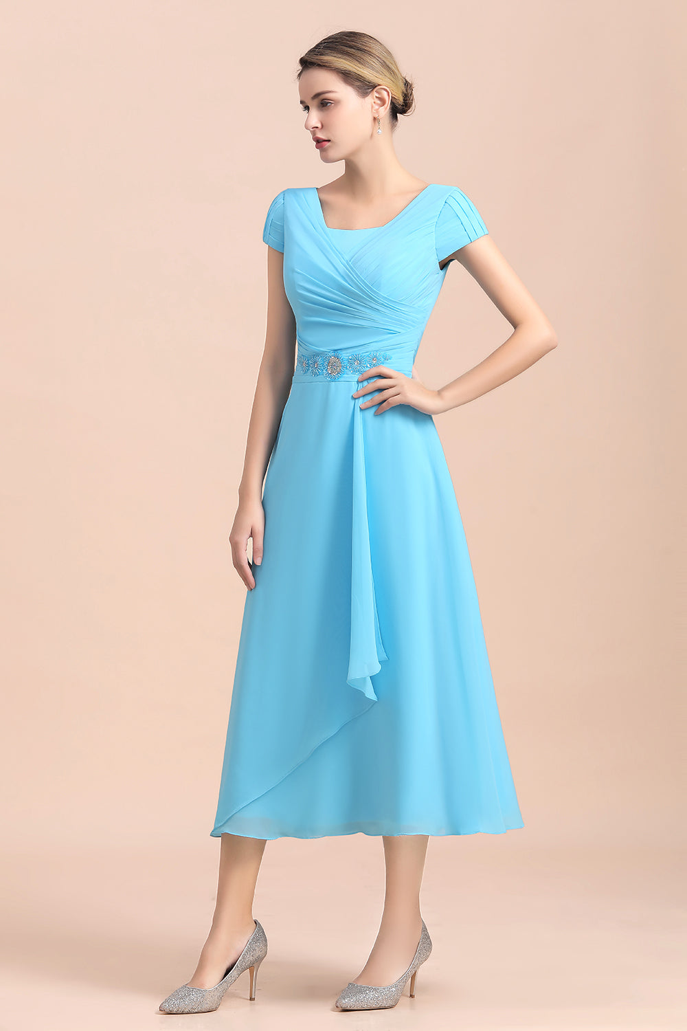 Blue Short Sleeves Chiffon Mother of the Bride Dress Tea-Length Online