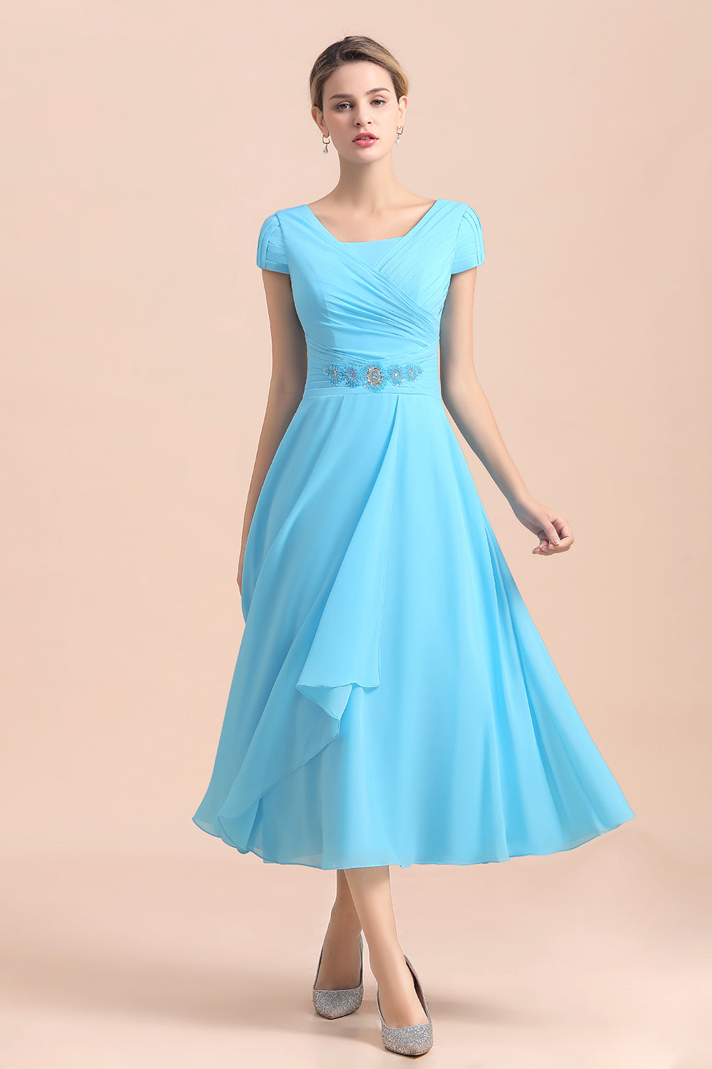 Blue Short Sleeves Chiffon Mother of the Bride Dress Tea-Length Online