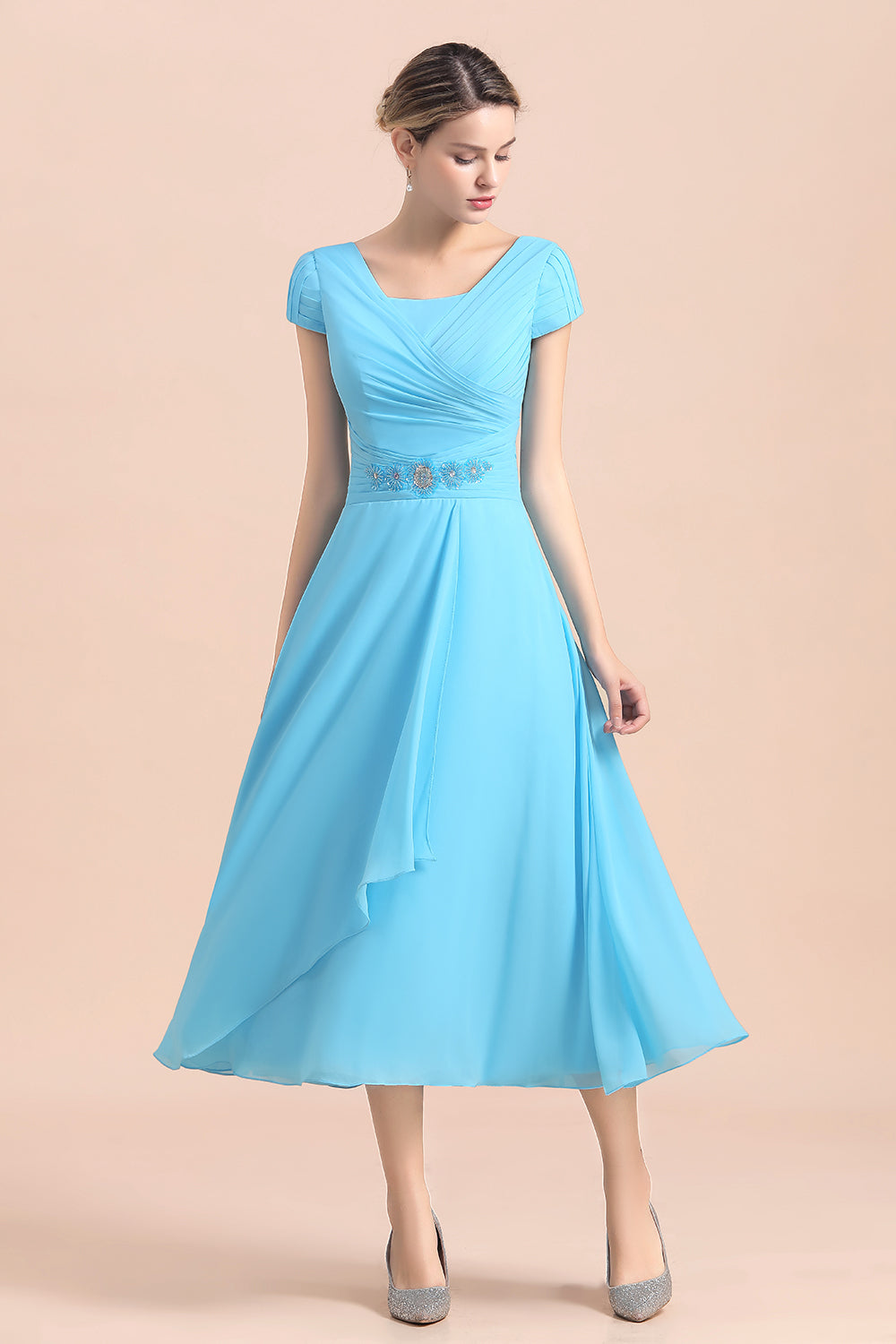 Blue Short Sleeves Chiffon Mother of the Bride Dress Tea-Length Online