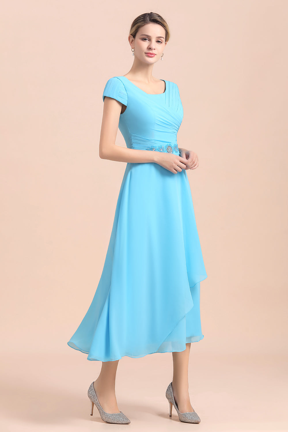 Blue Short Sleeves Chiffon Mother of the Bride Dress Tea-Length Online