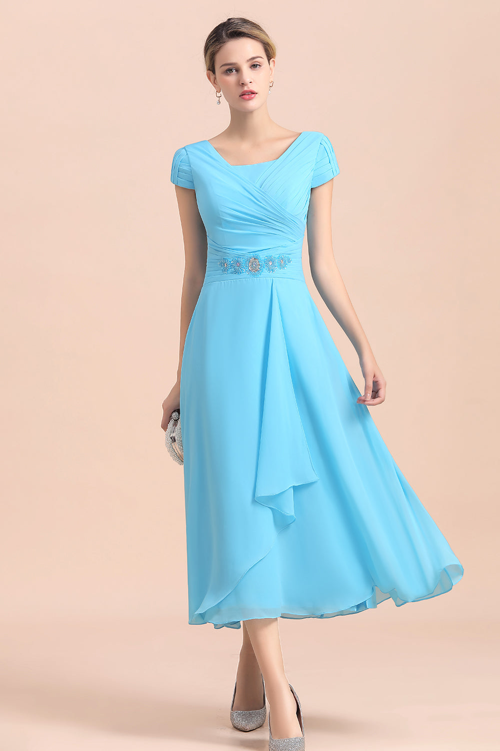 Blue Short Sleeves Chiffon Mother of the Bride Dress Tea-Length Online